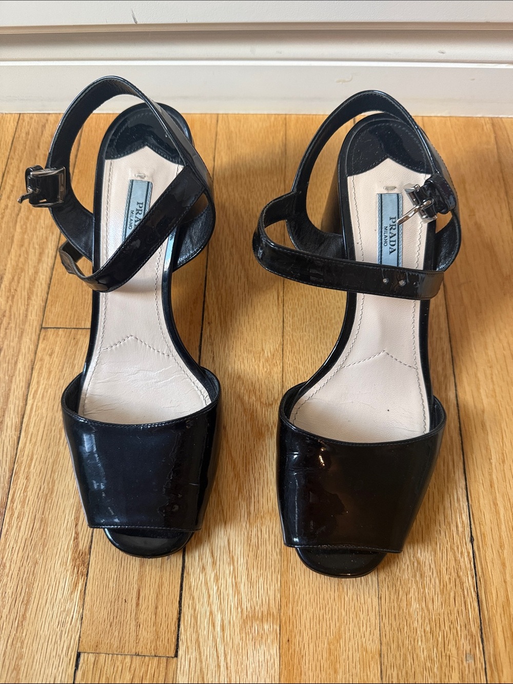 Prada Black Patent Open-Toe Ankle Strap Heels